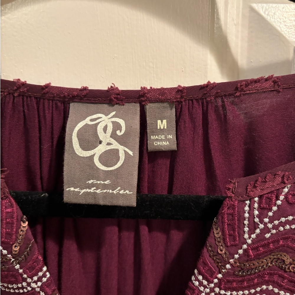 Anthropologie OneSeptember Peasant Blouse burgundy sequin embroidery Boho Tunic - Picture 4 of 7
